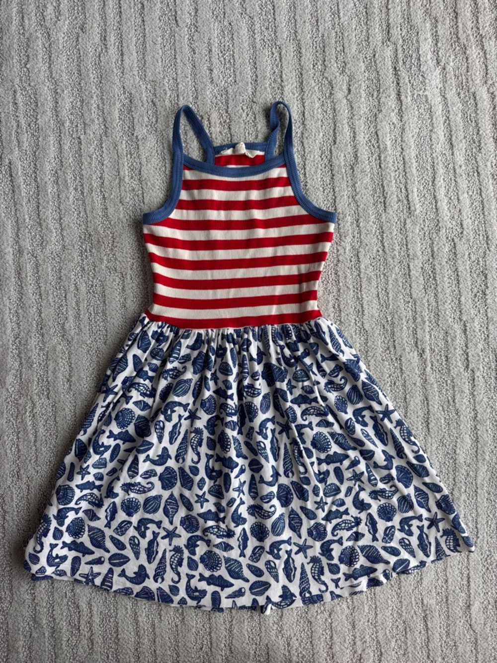 Mini Boden Girls Red & Blue Striped Tank Dress with Nautical Shell Skirt size 8-